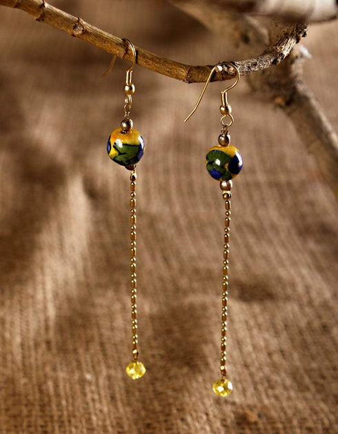 Blue Pottery Bead With Chain Earring (Yellow)